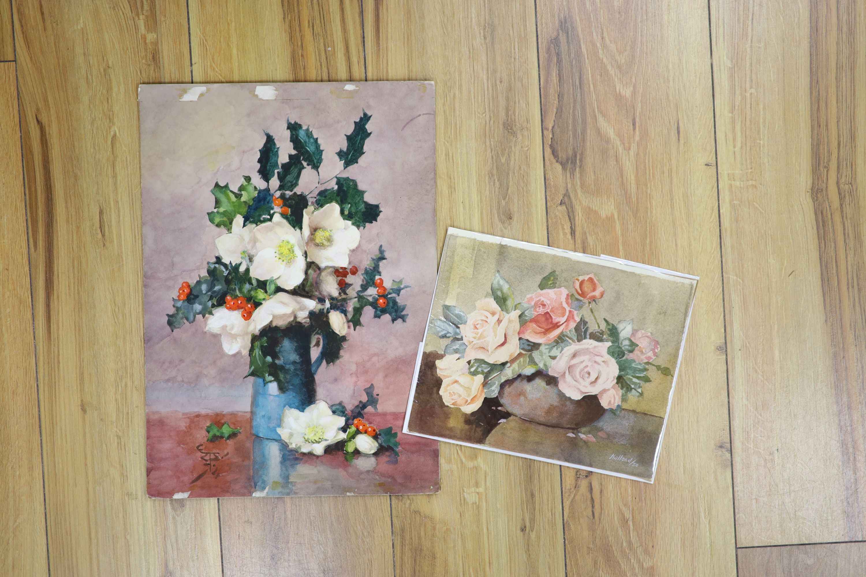 Olivia Mason (1872-1970), four still life flower studies, another of roses in a bowl, signed Holland and another watercolour of Christmas Roses